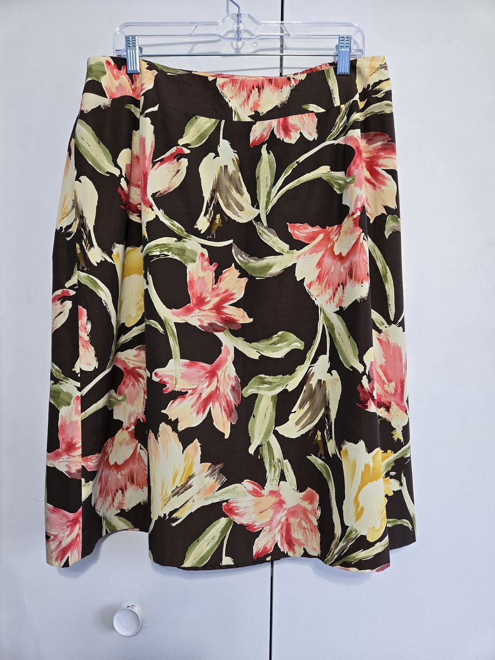 Talbots Woman 16W Silk Blend Floral A-Line Skirt Lined Brown Pink Midi
